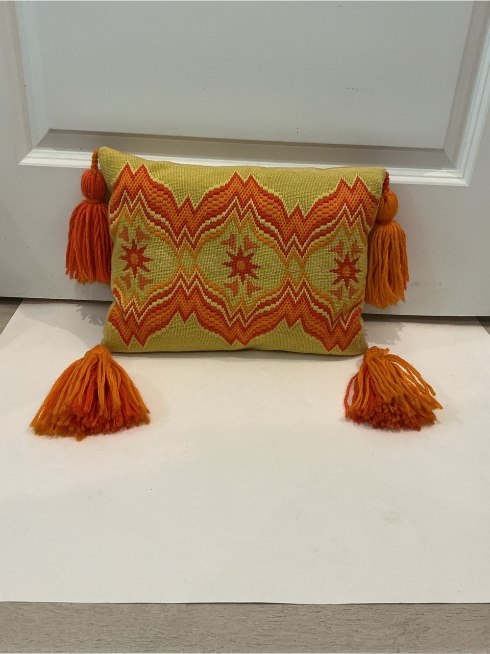 Vintage MCM Handmade Wool Bargello Needlepoint Accent Pillow